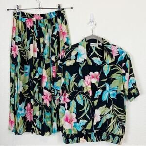 Tropical Skirt Set Size 8 Alfred Dunner Vintage Retro 90s Black Blue Pink Green